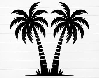 May include: Black silhouette of two palm trees with trunks and fronds.