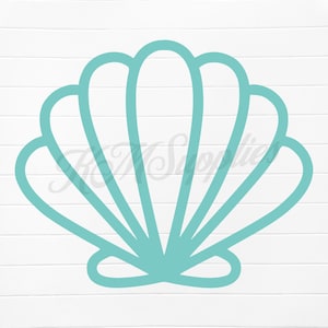 May include: A teal blue seashell outline illustration. The seashell has a rounded shape with multiple curves and lines.
