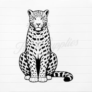 May include: Black and white illustration of a sitting leopard with a spotted coat and a long tail. The leopard is facing forward, with its eyes looking directly at the viewer. The design is simple and graphic, suitable for various applications.