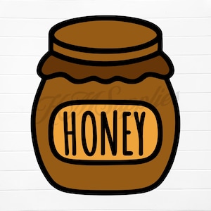May include: A brown glass honey jar with a yellow label that says "HONEY" in black lettering.