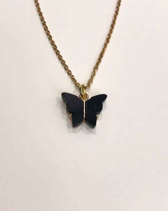 Black Butterfly, Black Butterfly Necklace, Gold Butterfly