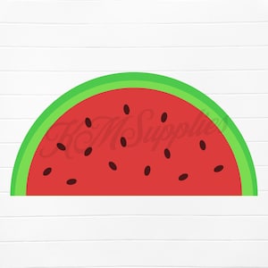 May include: A red watermelon slice with black seeds and a green rind. The watermelon is cut in half and the inside is visible.