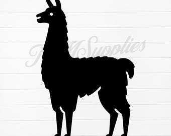 Peut inclure: Silhouette noire d'un lama debout sur un fond blanc.
