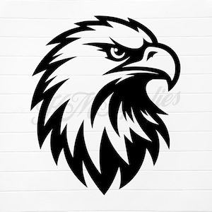 May include: Black and white illustration of an eagle's head with a sharp beak and detailed feathers.
