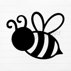 Op de afbeelding: Zwart-witte silhouet van een cartoon-bij met grote vleugels en een rond hoofd.