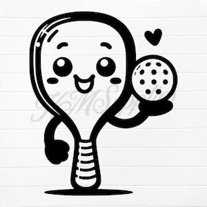May include: A black and white cartoon illustration of a paddle with a smiling face holding a golf ball. The paddle has a striped handle and is holding the golf ball in its right hand. There is a small heart above the paddle's head.