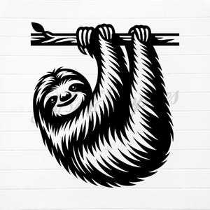 May include: Black and white illustration of a sloth hanging upside down from a branch. The sloth has a smiling face and is drawn in a detailed, realistic style.