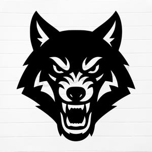 May include: A monochrome illustration of a wolf's head, showcasing an aggressive stance. The wolf's teeth are bared, and its brow is furrowed. The image is set against a white backdrop with horizontal lines.