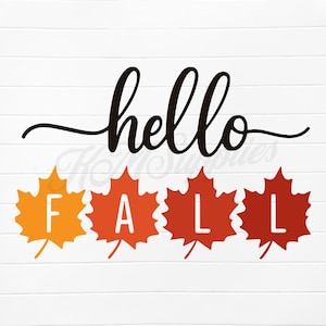 Peut inclure: Une création sur le thème de l'automne avec les mots "hello FALL". Le mot "hello" est en cursive noire, et "FALL" est en lettres blanches sur des feuilles d'érable orange et rouges. Le fond est blanc.