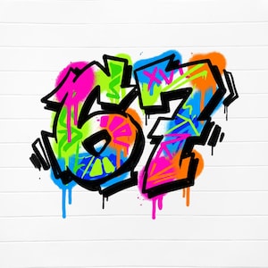 May include: Graffiti art featuring the number "67" in a vibrant, multi-colored design. The artwork uses a bold, black outline with neon pink, green, blue, and orange spray paint effects. The background is a white, horizontal-slatted surface.