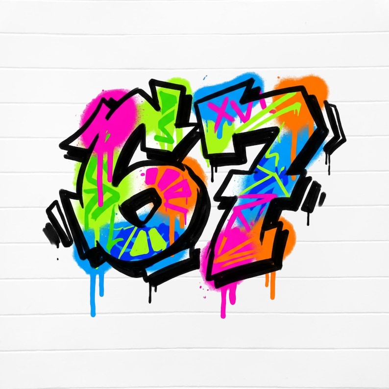 May include: Graffiti art featuring the number "67" in a vibrant, multi-colored design. The artwork uses a bold, black outline with neon pink, green, blue, and orange spray paint effects. The background is a white, horizontal-slatted surface.