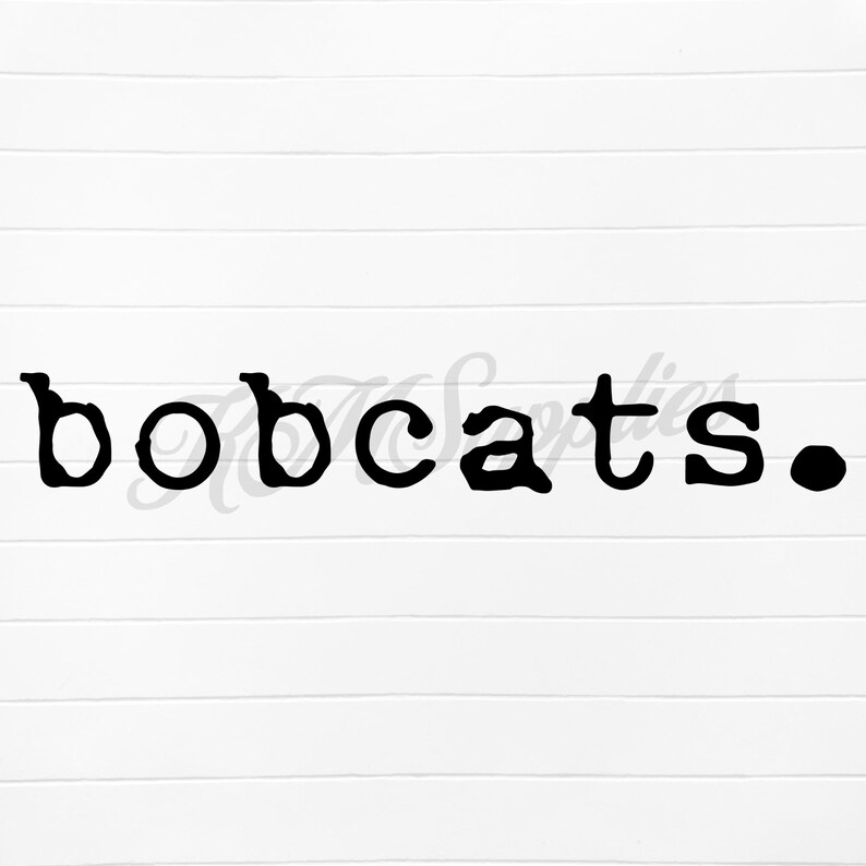 May include: Black text spelling out "bobcats." in a bold, serif font. The text is centered on a white, horizontally-slatted background. The period at the end of the word is a solid black circle.