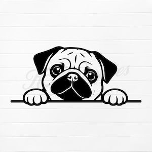 May include: A black and white graphic of a pug dog peeking over a horizontal line. The pug has large, expressive eyes and a wrinkled face, with its paws resting on the line. The background is a white, textured surface.