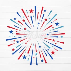 May include: Red, white, and blue firework design with stars. This graphic design is perfect for a patriotic celebration.