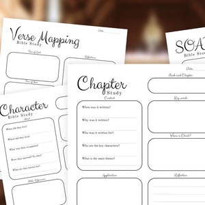 Könnte beinhalten: Eine Sammlung weißer, bedruckbarer Bibelstudienblätter mit schwarzem Text. Die Blätter tragen Titel wie "Verse Mapping", "Chapter Study", "Character" und "SOAP Bible Study". Der untere Teil des Bildes lautet "Instant PDF Download PRINTABLE • PDF DOWNLOAD."