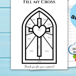 Könnte beinhalten: Ein druckbares Schwarzweiß-Kreuz mit Dollarbeträgen in jedem Abschnitt. Der Text "FILL MY CROSS" befindet sich oben auf der Seite. Der Text "Thank you for your support!" befindet sich unten auf der Seite.