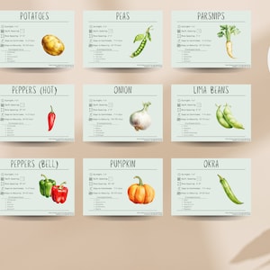 Produtos digitais de jardinagem: cartões de plantas vegetais com informações de plantio - 5x7" Download - Sol, espaçamento, tempo de crescimento e companheiros