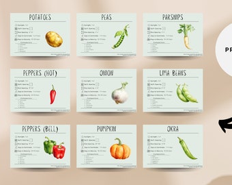 Produtos digitais de jardinagem: cartões de plantas vegetais com informações de plantio - 5x7" Download - Sol, espaçamento, tempo de crescimento e companheiros