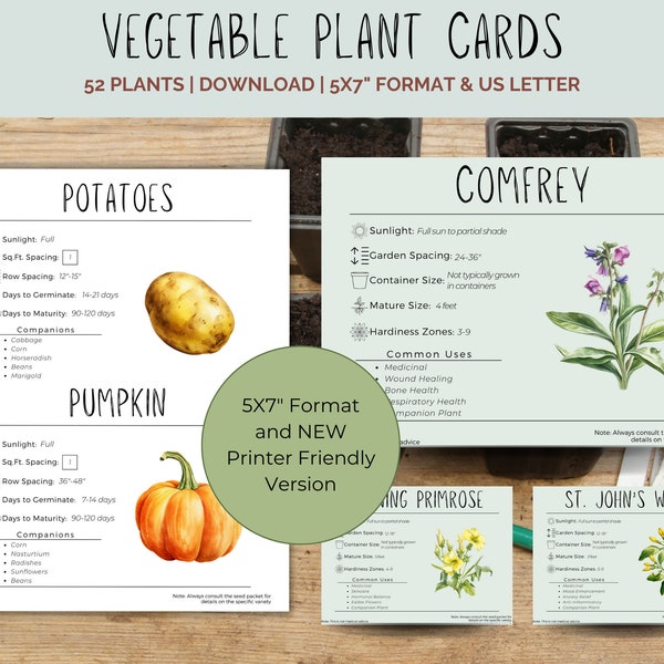 Tarjetas de plantas vegetales con información de plantación - Descarga de 5x7" - Sol, espaciado, tiempo de crecimiento y compañeros