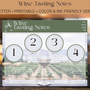 Tapete para degustação de vinhos - PDF para impressão para amantes de vinho - Classifique vinhos para voos de degustação de tamanhos diferentes - Veja-Gire-Cheire-Goze - Esquema de cores verde