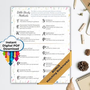 May include: A printable Bible study methods chart with colourful arrows and floral accents. The chart features a list of questions to ask when studying the Bible, such as "Talk to God", "Encounter God & Humanity", "Examine Your Heart", "Talk to Others", "Attributes of God", "Promises", "Principles", "Lessons for Me", and "Example to Follow".