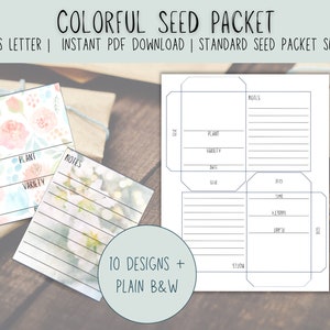 May include: Printable seed packet template with a floral design. The template includes sections for plant name, variety, date, notes, and a space for a seed packet label. The template is available in 10 designs, including plain black and white.