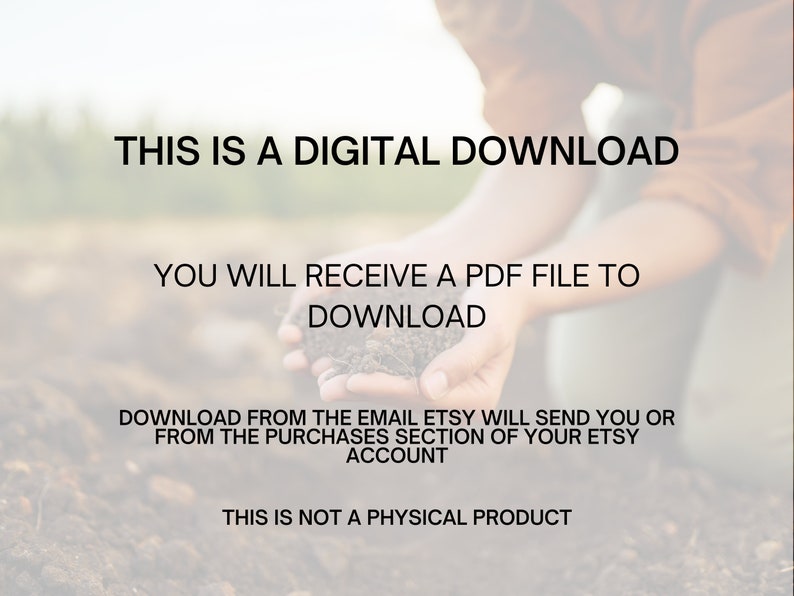 May include: Image with text: "THIS IS A DIGITAL DOWNLOAD. YOU WILL RECEIVE A PDF FILE TO DOWNLOAD. DOWNLOAD FROM THE EMAIL ETSY WILL SEND YOU OR FROM THE PURCHASES SECTION OF YOUR ETSY ACCOUNT. THIS IS NOT A PHYSICAL PRODUCT."