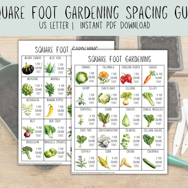 Square Foot Gardening Guide - 140+ Plants! - Printable Planner and Organizer - Plant Spacing Grid - Instant Download PDF