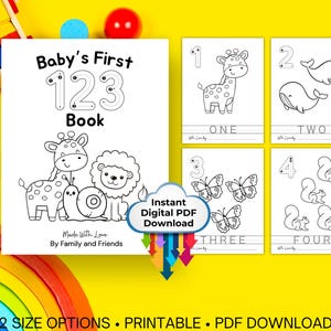 May include: A printable PDF book for babies featuring the numbers 1 through 4 with illustrations of a giraffe, whale, butterflies, and squirrels. The book title is "Baby's First 123 Book".