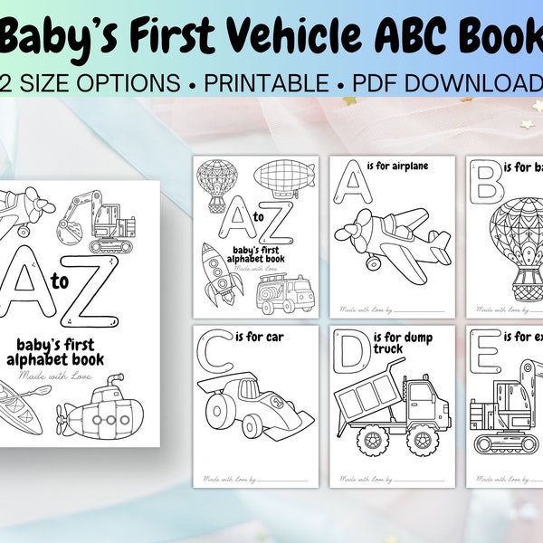 ABC Baby Shower Coloring Book - Vehicle Coloring Pages - Baby Shower Game and Keepsake! Uses US Letter Paper - Instant PDF Download