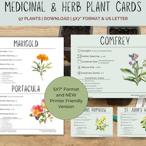 Medicinal & Herb Plant Cards with Planting Info - 5x7" Download - Needs, Spacing, Size, Zone, Common Uses