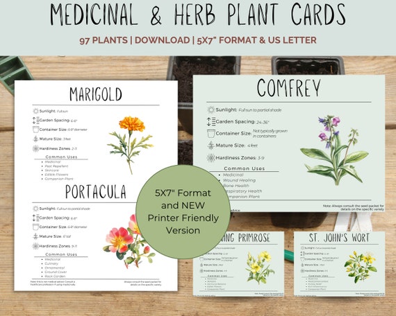 Medicinal & Culinary Herb Plant Cards with Planting Info - 5x7" Download - Needs, Spacing, Size, Zone, Common Uses