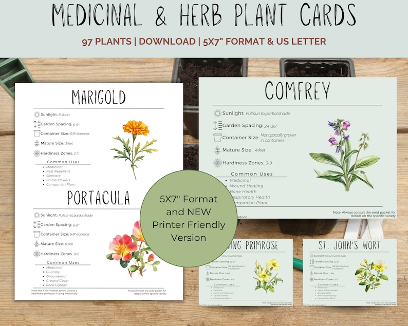 May include: Printable 5x7 inch plant cards featuring illustrations of marigold, comfrey, portacula, evening primrose, and St. John's Wort. Each card includes information about sunlight, garden spacing, container size, mature size, hardiness zones, and common uses.