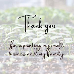 May include: A blurry image of a tray of small green seedlings with the text "Thank you for supporting my small business and my family" in black cursive writing.