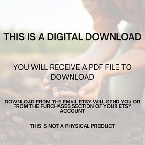 May include: Text overlay on a blurred image of a person holding soil in their hands. The text reads: "This is a digital download. You will receive a PDF file to download. Download from the email Etsy will send you or from the purchases section of your Etsy account. This is not a physical product."