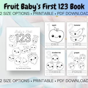 Peut inclure: Livre imprimable en noir et blanc pour bébés avec des illustrations de fruits et des chiffres de 1 à 4. Le livre comprend le texte "Baby's First 123 Book" et "Made With Love By Family and Friends".