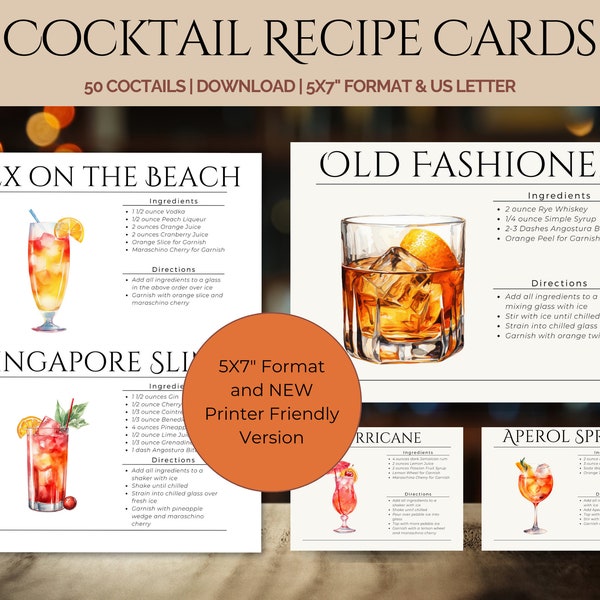 Cocktail Recipe Cards for Aspiring Mixologists - Classic Drink Cheat Sheet - Printable PDF & PNG