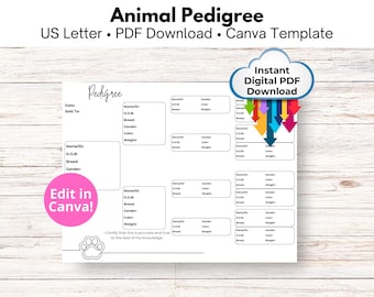 May include: A printable animal pedigree chart template in US Letter size. The chart is designed for use with Canva and includes sections for name, date of birth, breed, gender, and weight. The text "Edit in Canva!" is included in a pink circle. The text "Instant Digital PDF Download" is included in a cloud shape with colorful arrows pointing down.
