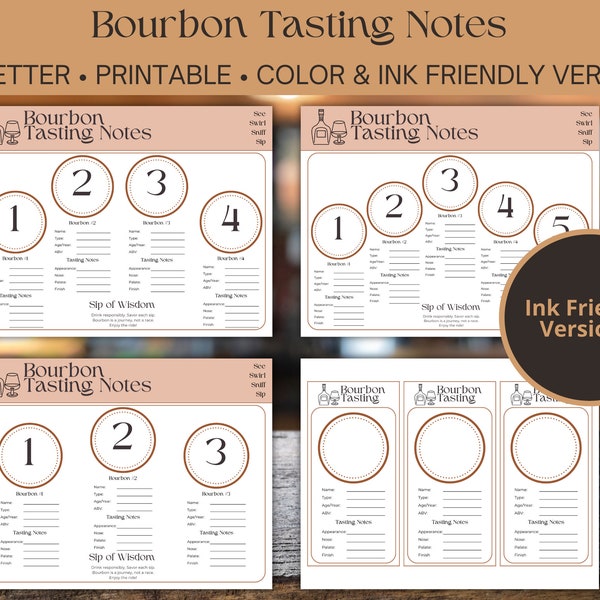 Bourbon Tasting Mat - Printable PDF for Bourbon Lovers - Rate Bourbons for Different Size Tasting Flights - See-Swirl-Sniff-Sip