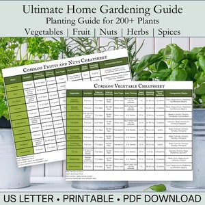 May include: A gardening guide with the text "Ultimate Home Gardening Guide" and "Planting Guide for 200+ Plants." The guide includes cheat sheets for fruits, nuts, and vegetables. The image also shows herbs and spices.
