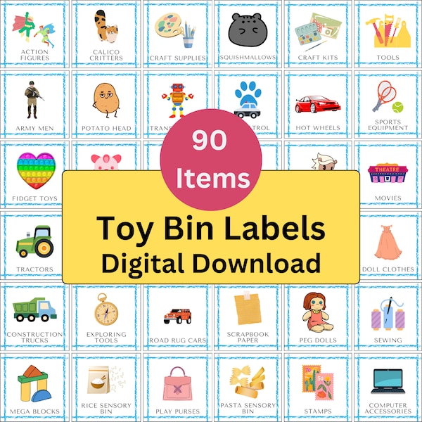 90 Toy Bin Storage Labels -4"x4"- Organize Kids Toys - Montessori Pictures - Daycare Visual Stickers -Playroom Organization Printable