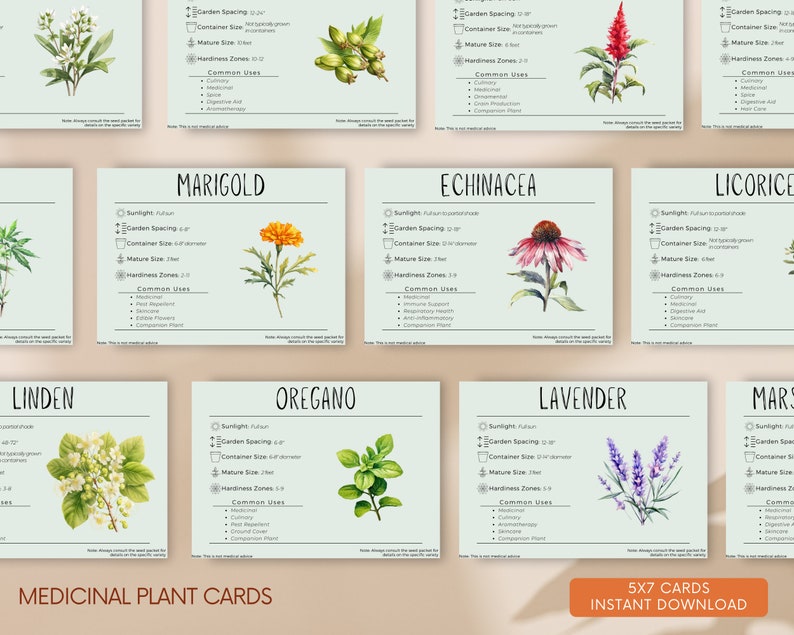 May include: Set of 10 printable cards featuring watercolor illustrations of medicinal plants. Each card includes the plant's name, sunlight requirements, garden spacing, container size, mature size, hardiness zones, and common uses. The cards are designed in a light green and white color scheme with a handwritten font.