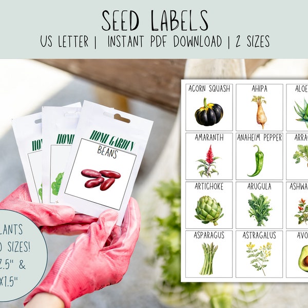 Garden Seed Pack Labels and Plant Markers - 164 Colorful Vegetable & Herb Labels - Printable DIY Plant Labels and Plant Tags - PDF Download