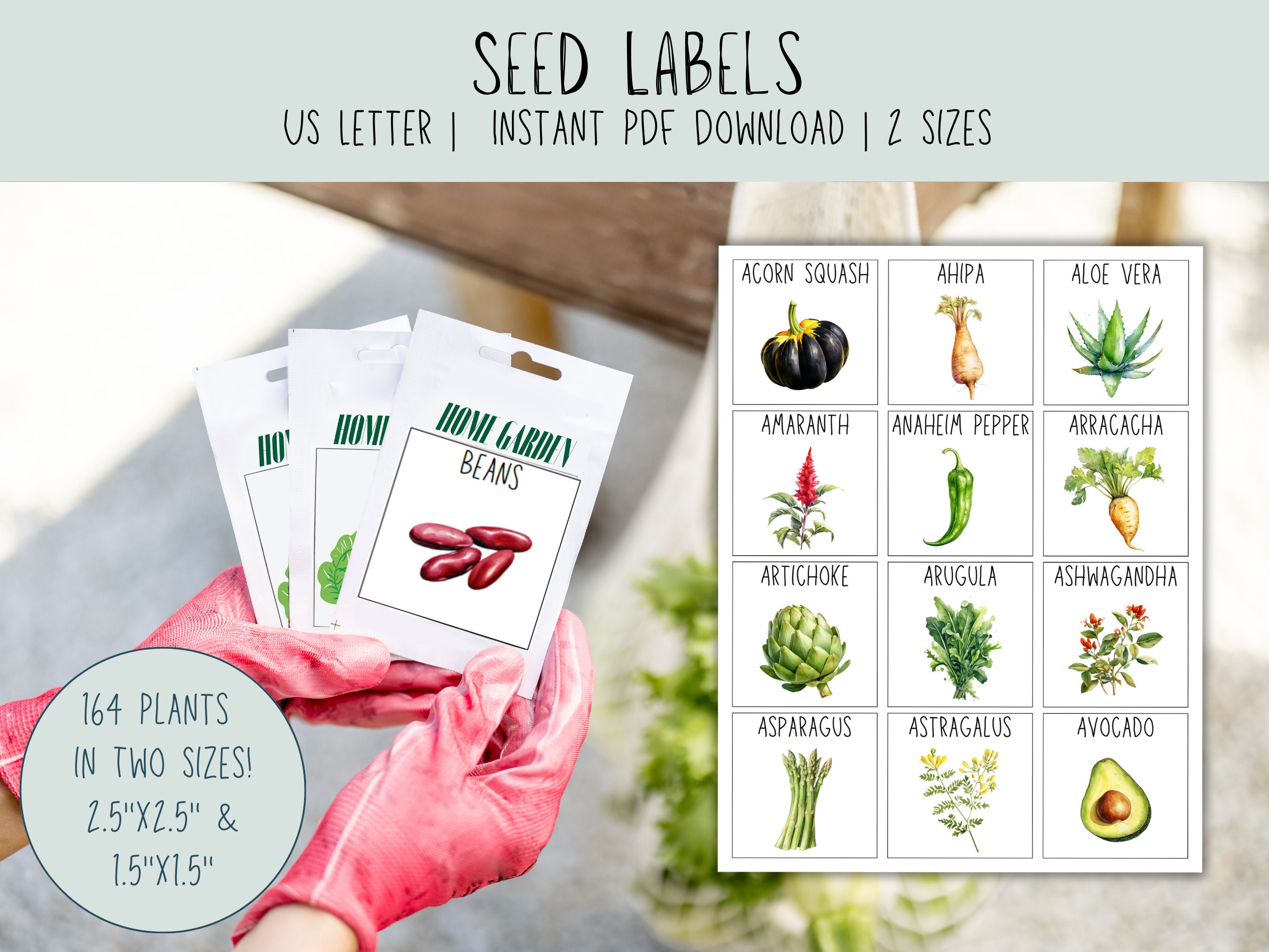 Garden Seed Pack Labels and Plant Markers - 164 Colorful Vegetable & Herb Labels - Printable DIY Plant Labels and Plant Tags - PDF Download