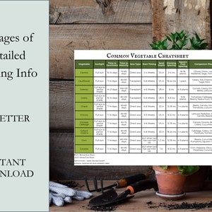 May include: A gardening guide with the text "30 Pages of Detailed Planting Info" and "Common Vegetable Cheatsheet." The guide includes information on vegetables, sunlight, time to germinate, and planting details. Gardening tools and pots are in the background.