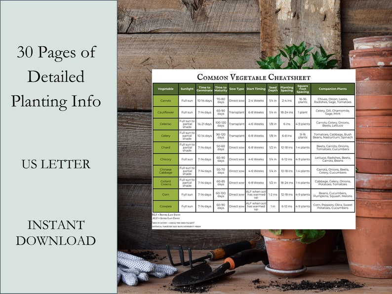 May include: A gardening guide with the text "30 Pages of Detailed Planting Info" and "Common Vegetable Cheatsheet." The guide includes information on vegetables, sunlight, time to germinate, and planting details. Gardening tools and pots are in the background.