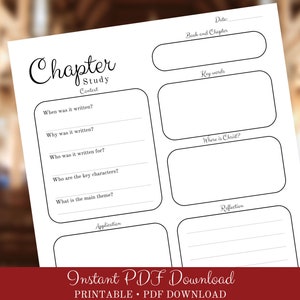 Könnte beinhalten: Druckbarer Kapitelstudienleitfaden mit Abschnitten für Datum, Buch und Kapitel, Schlüsselwörter, Zeitpunkt des Schreibens, Grund des Schreibens, Zielgruppe, Schlüsselfiguren, Hauptthema, Wo ist Christus, Anwendung und Reflexion.