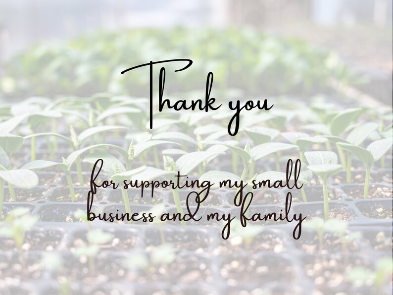 May include: Image with the text "Thank you for supporting my small business and my family" in a cursive font. The background is a blurred image of seedlings in a tray, suggesting a gardening or plant-related theme.