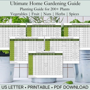 May include: A gardening guide with the title "Ultimate Home Gardening Guide" and the subtitle "Planting Guide for 200+ Plants." The guide includes cheat sheets for vegetables, fruits, nuts, herbs, and spices. The text "US LETTER &bull; PRINTABLE &bull; PDF DOWNLOAD" is at the bottom.