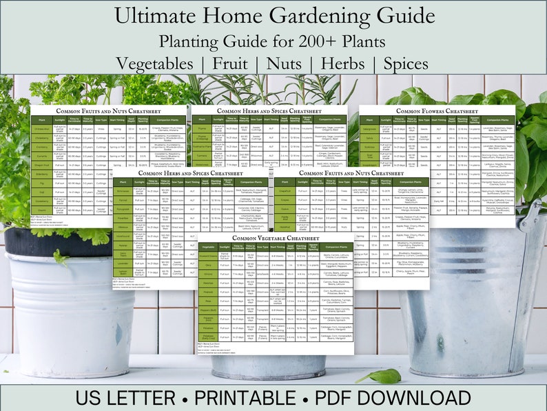 May include: A gardening guide with the title "Ultimate Home Gardening Guide" and the subtitle "Planting Guide for 200+ Plants." The guide includes cheat sheets for vegetables, fruits, nuts, herbs, and spices. The text "US LETTER &bull; PRINTABLE &bull; PDF DOWNLOAD" is at the bottom.